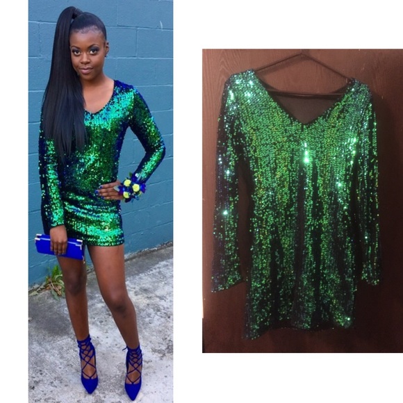 blue and green sequin dress